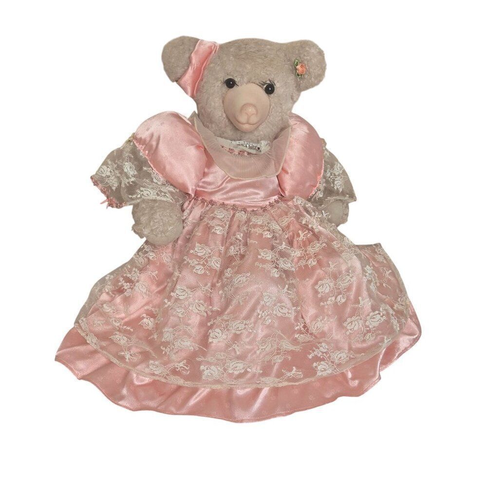 Vintage 80s Rosenbear Teddy Bear Pink Dress Articulated Large Artist Signed TLC